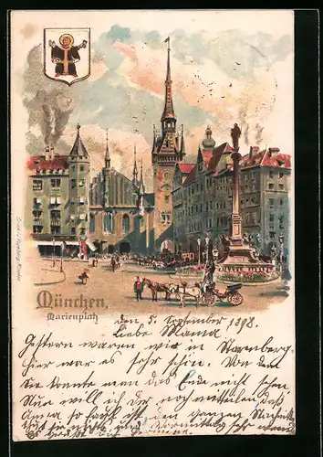 Lithographie München, Marienplatz mit Denkmal