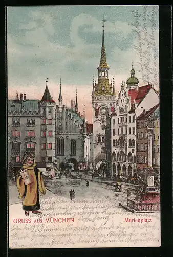 Künstler-AK München, Marienplatz, Münchener Kindl