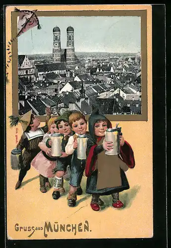 AK München, Generalansicht mit Frauenkirche, Münchner Kindl mit Bierkrug