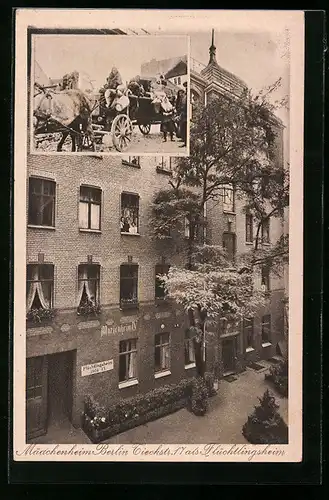 AK Berlin, Mädchenheim, Tieckstrasse 17 als Flüchtlingsheim, Pferdewagen