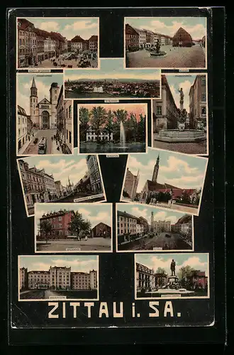 AK Zittau i. Sa., Schlachthof, Mandaukaserne, Johanneskirche mit Strassenbahn