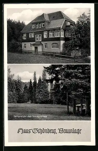 AK Braunlage /Oberharz, Haus Schönberg, Am Jermerstein 3, Teilansicht des Hausparkes