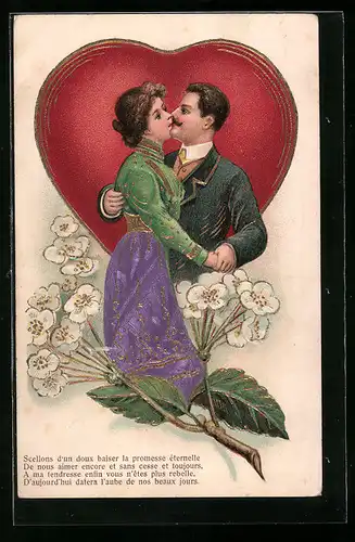 Lithographie Liebespaar küsst sich vor einem Herz