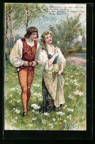 Lithographie Liebespaar auf einer Blumenwiese
