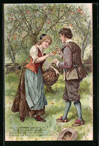 Lithographie Liebespaar mit Äpfeln