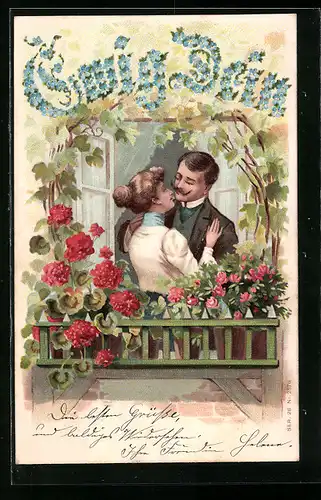AK Liebespaar auf blumengeschmücktem Balkon