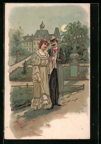 Lithographie Liebespaar im Park bei Mondschein