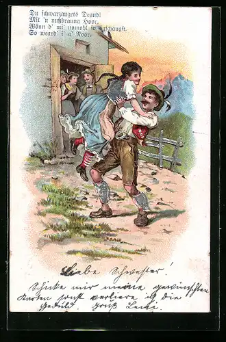 Lithographie Liebespaar in bayerischer Tracht auf der Alm