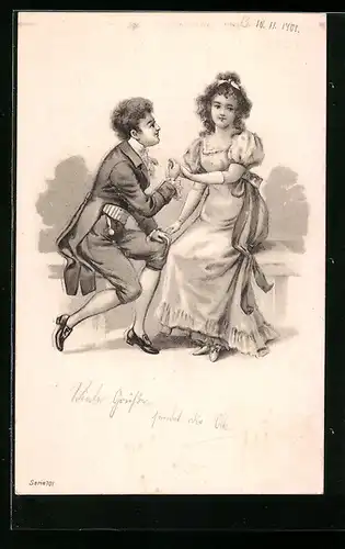 Lithographie Liebespaar auf einer Bank