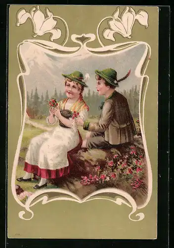 Lithographie Liebespaar in Tracht auf einem Baum