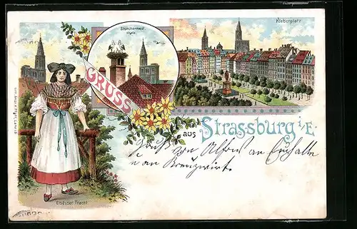 Lithographie Strassburg i. E., Kleberplatz, Storchennest, Elsässer Tracht
