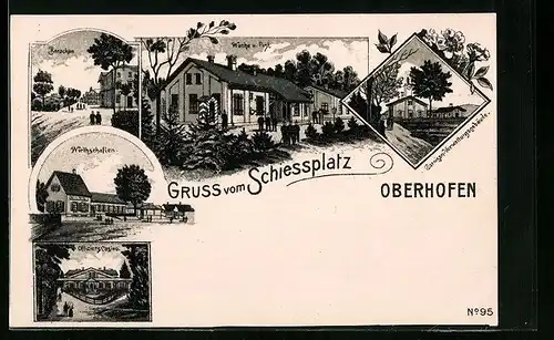 Lithographie Oberhofen, Schiessplatz, Baracken, Wache, Post und Offiziers-Casino