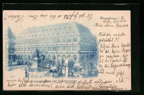 AK Strassburg i. E., Gewerbelauben- und Gutenbergplatz mit Denkmal