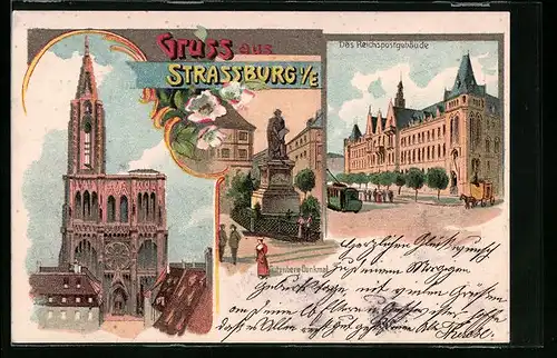 Lithographie Strassburg, Reichspostgebäude, Gutenberg-Denkmal