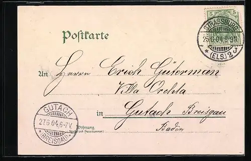 Lithographie Strassburg, Reichspostgebäude, Gutenberg-Denkmal