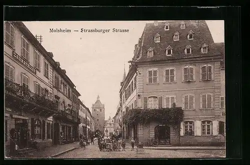 AK Molsheim, Strassburger Strasse mit Geschäft