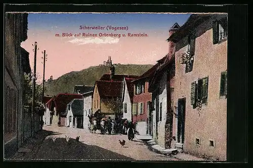 AK Scherweiler /Vogesen, Strassenpartie mit Blick auf Ruinen Ortenberg und Ramstein