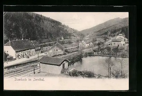AK Stambach im Zornthal, Ortspartie mit Bahngleis
