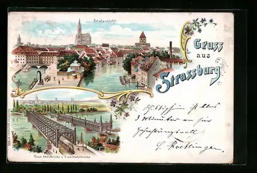 Lithographie Strassburg, Neue Rheinbrücke u. Eisenbahnbrücke, Totalansicht