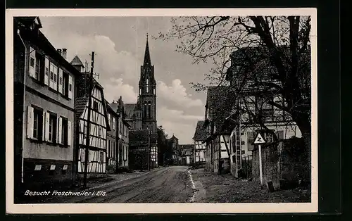 AK Fröschweiler i. Els., Strassenpartie mit Kirche