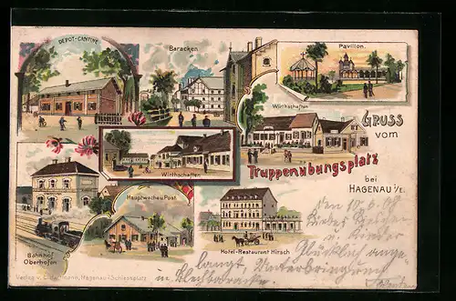 Künstler-AK Hagenau i. E., Hotel-Restaurant Hirsch, Wirtschaften, Bahnhof Oberhofen