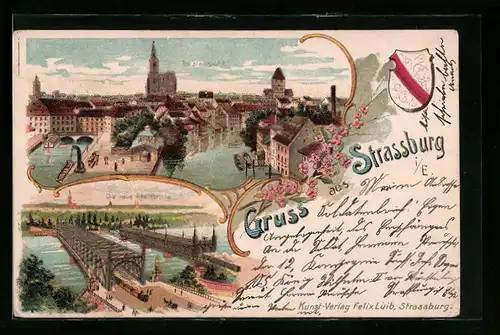 Lithographie Strassburg i. E., neue Rheinbrücke, Totalansicht, Stadtwappen