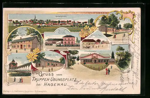 Lithographie Hagenau, der Truppenübungsplatz, Ortspanorama, Depotkantine, Bahnhof Oberhofen, Lagerkantine