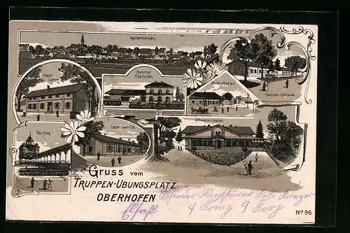 Lithographie Oberhofen, Truppen-Uebungsplatz, Bahnhof, Generals-Gebäude, Pavillon