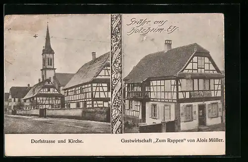 AK Holzheim /Els., Gasthaus zum Rappen A. Müller, Dorfstrasse und Kirche