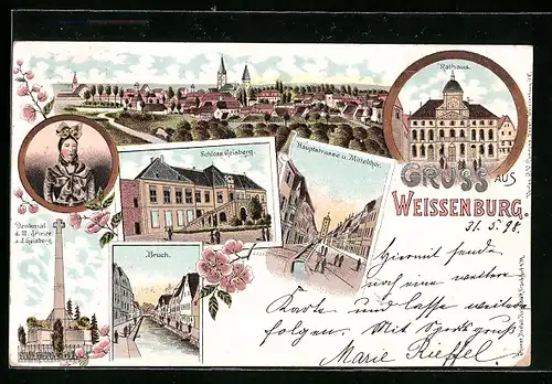 Lithographie Weissenburg, Generalansichjt, vor dem Rathaus, Schloss Geisberg, Hauptstrasse und Mitteltor, Bruch