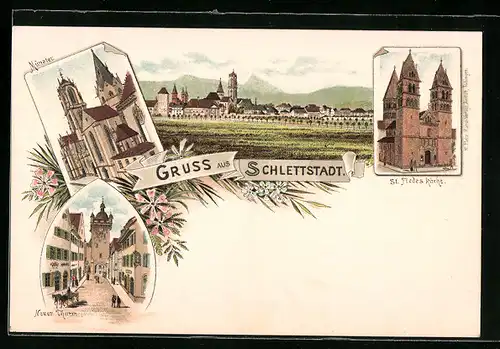 Lithographie Schlettstadt, Münster, Neuer Thurm, Gesamtansicht