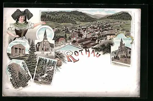 Lithographie Rothau, Musée du Donon, Eglise catholique, Eglise protestante, Vue Generale