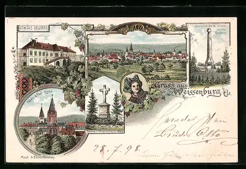 Lithographie Weissenburg i. E., Ortsansicht, Schloss Geisberg, Peter & Paul Kirche