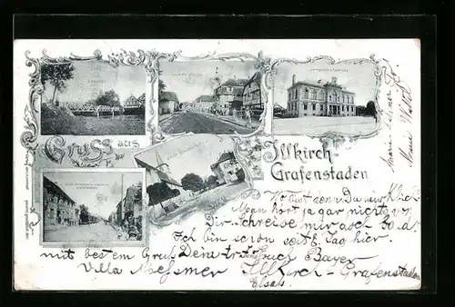 Passepartout-AK Illkirch-Grafenstaden, Hotel Stadt Strassburg, Hauptstrasse, Amtsgericht u. Rathaus