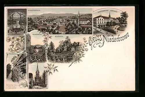 Lithographie Niederbronn, Kurhaus, Wasenburg, Froschweiler