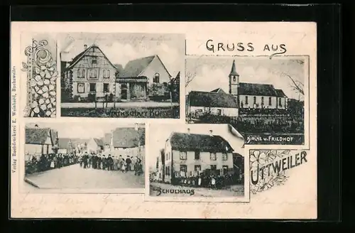 AK Uttweiler, Gasthaus, Schule mit Schülern, Strassenpartie mit Versammlung