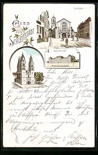 Lithographie Schlettstadt, Fruchthalle, Kaserne König Karl