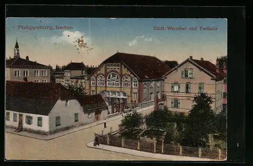 AK Philippsburg i. Baden, Städt. Warmbad und Festhalle