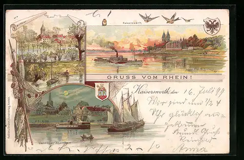 Lithographie Kaiserswerth, Rhein mit Dampfer, Uerdingen, Wittlaer