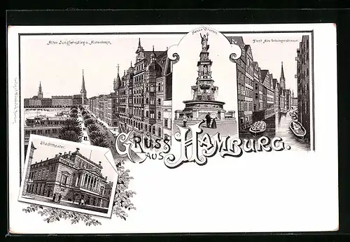 Lithographie Hamburg-Neustadt, Stadttheater, Alter Jungfernstieg, Hansabrunnen, alte Gröningerstrasse