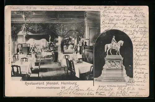 AK Hamburg, Restaurant Menzel in der Hermannstrasse - Speiseraum, Kaiser Wilhelm-Denkmal