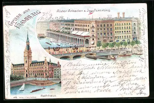Lithographie Hamburg, Alster Arkaden & Jungfernstieg, Rathaus