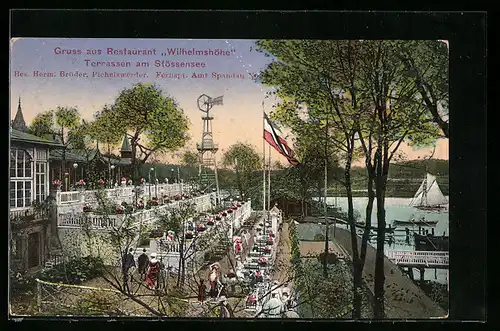AK Pichelswerder bei Spandau, Restaurant Wilhelmshöhe / Terrassen am Stössensee mit Wasserblick