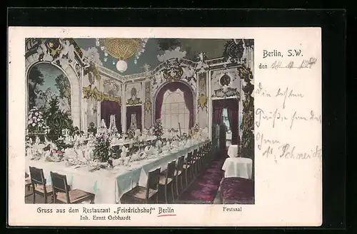 AK Berlin, Restaurant Friedrichshof E. Gebhardt, Festsaal, Friedrichstrasse Ecke Kochstrasse