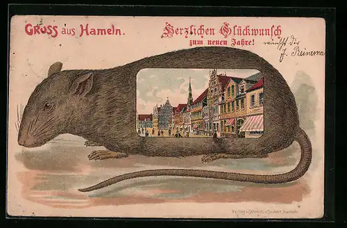 Passepartout-Lithographie Hameln, Ortspartie im Ratten-Passepartout, Neujahrsgruss