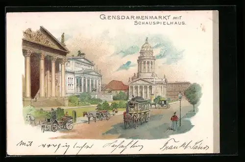 Lithographie Berlin, Gendarmenmarkt mit Schauspielhaus, Pferdebus, Pferdekutsche