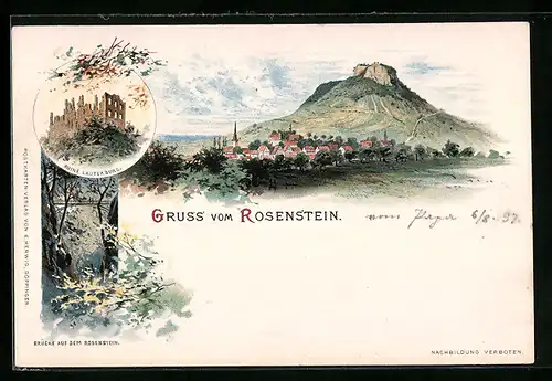 Lithographie Rosenstein, Ortsansicht mit Burgruine, Ruine Lauterburg