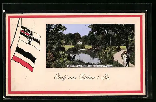 Passepartout-AK Zittau /Sa., Am Goldfischteich in der Weinau, Flaggen