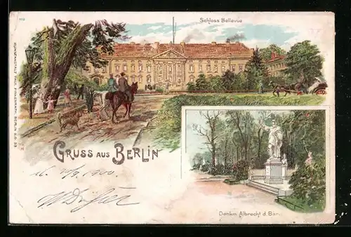 Lithographie Berlin-Tiergarten, Denkmal Albrecht d. Bär, Schloss Bellevue