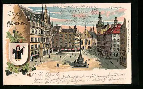 Lithographie München, Marienplatz aus der Vogelschau, Münchener Kindl